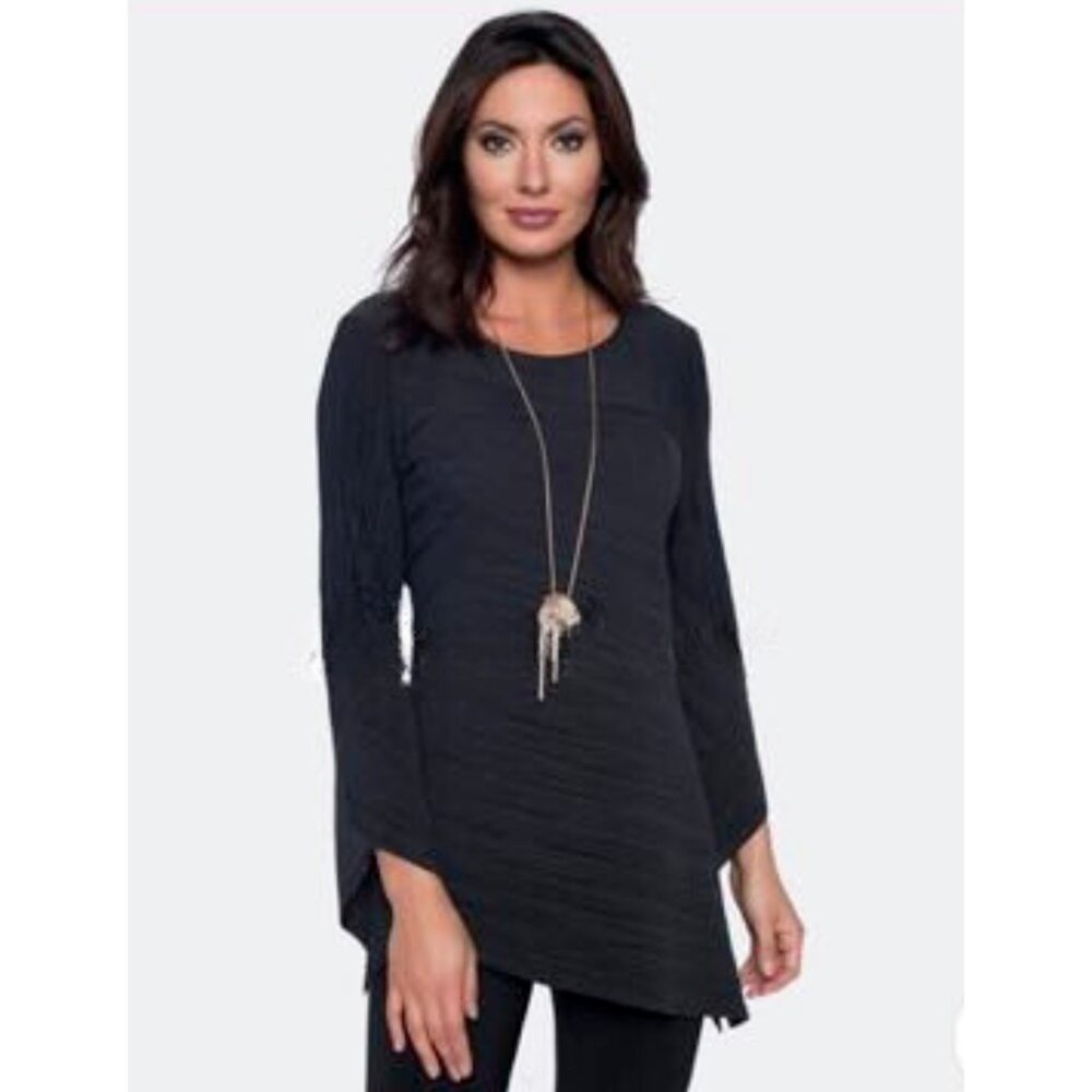 FRANK LYMAN Tunic Top Size 10 Black Textured Fabric Flare Sleeves Asymmetrical